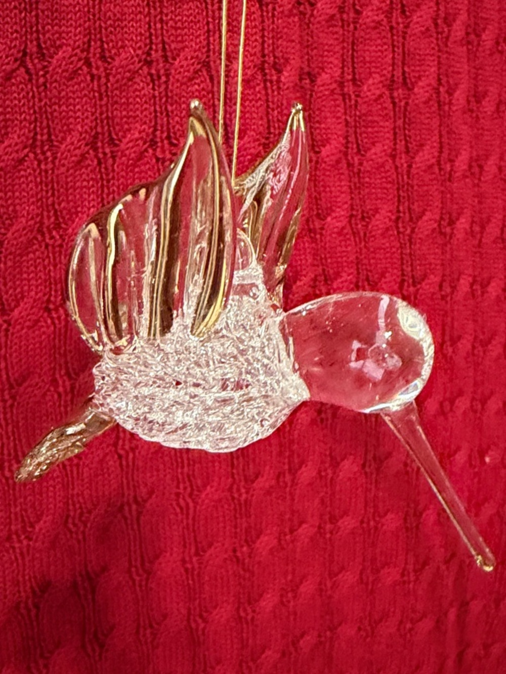 Set Of 6 Hand Blown Clear and Spun Glass Hummingbird Ornaments with Gold Accents